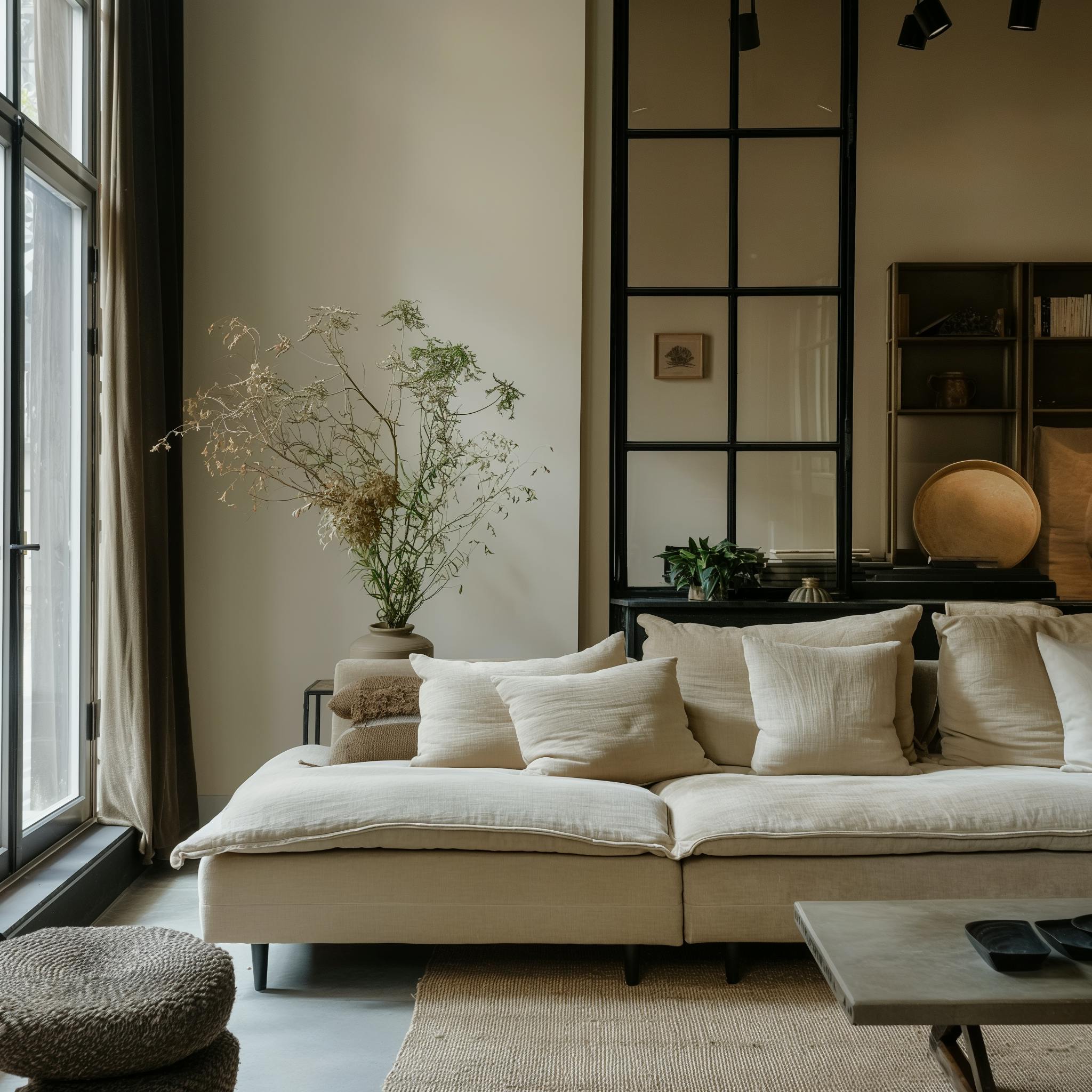 A cozy and stylish living room featuring a beige sofa, houseplants, and modern decor.